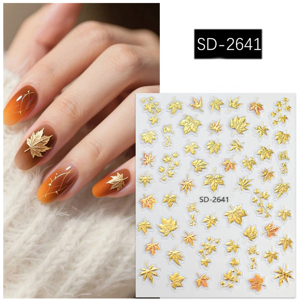 3 to 30 Sheets Autumn Maple Leaves Nail Stickers 5D Embossed Gold Foil Fall Leaf for Nails, Self-Adhesive DIY Manicure Art
