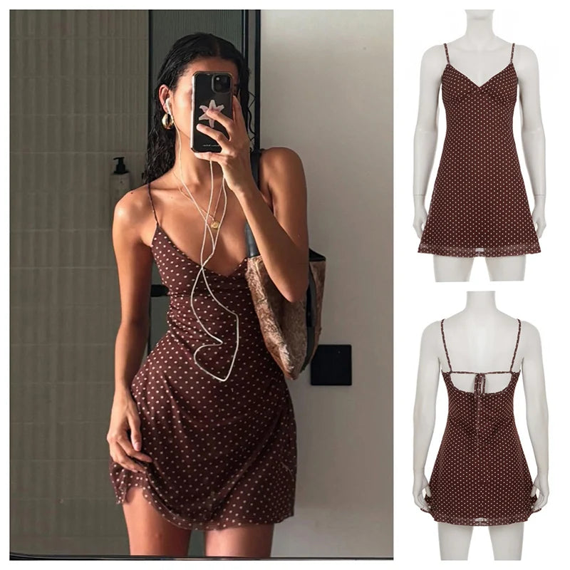 Sexy Polka Dot Print Nightgown Contrasting Color V-neck Y2k Slim Fit Dress Summer Hot Girl Backless Camisole Dress Summer Dress