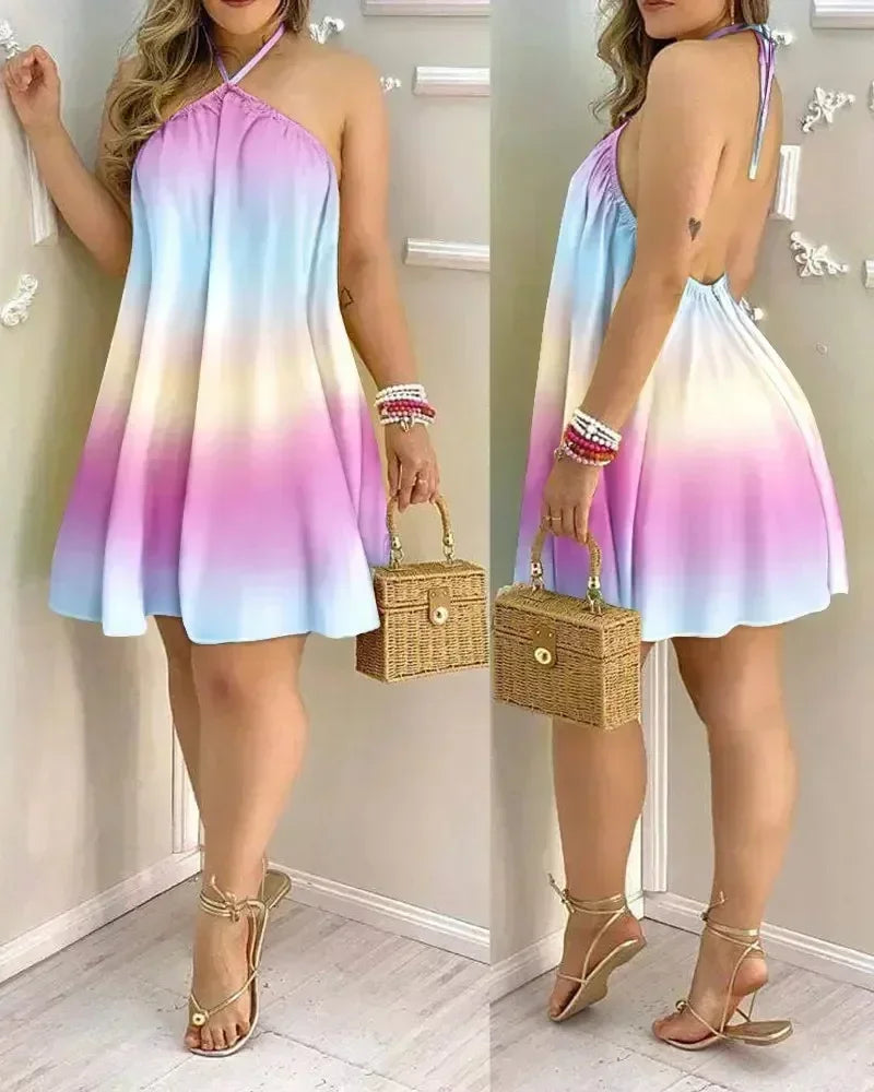 Women Halter Neck Swing Mini Dress Tropical Floral Leaf Print Loose A Line Sleeveless Beach Vacation Dress