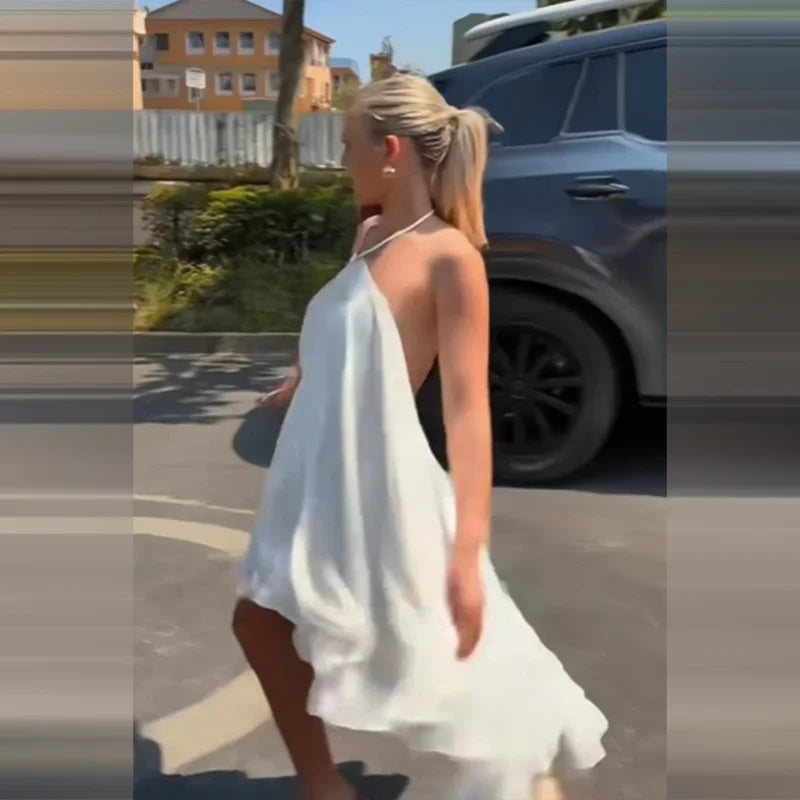 French Romantic White Halter Neck Mini Dress Women Elegant Sleeveless Chiffon High Low Hem Gowns Summer Bridal Shower Party Wear