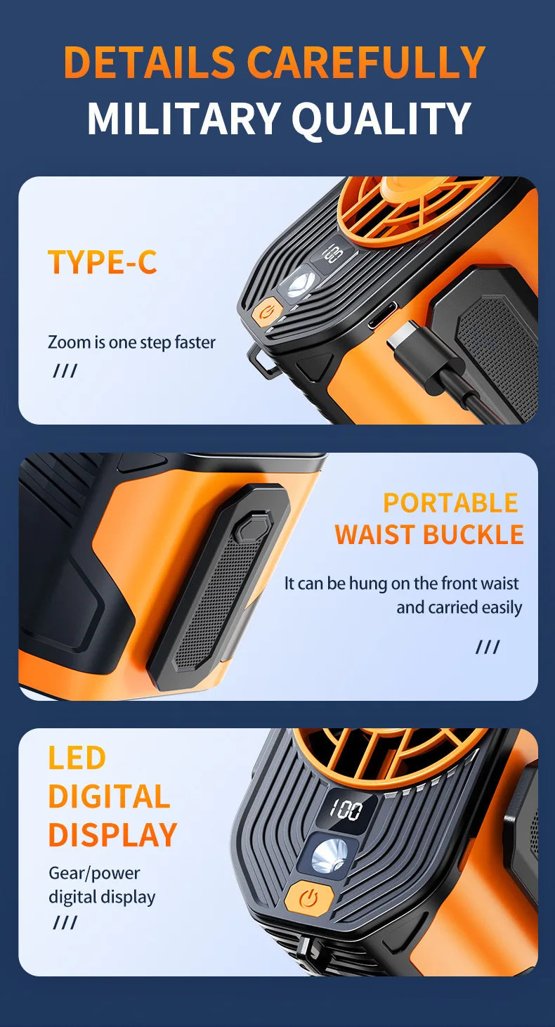 Portable Waist-mount Fan High-speed Cooling Rechargeable Mini Hanging Neck Fan for Outdoor, Construction Site and Food Delivery