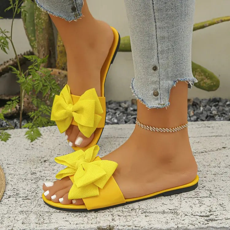Womens Slip on Flat Sandals Big Bowknot Wide Strap Slides Mules Open Toe Casual Sweet Summer Beach Comfort Daily Walking Shoes