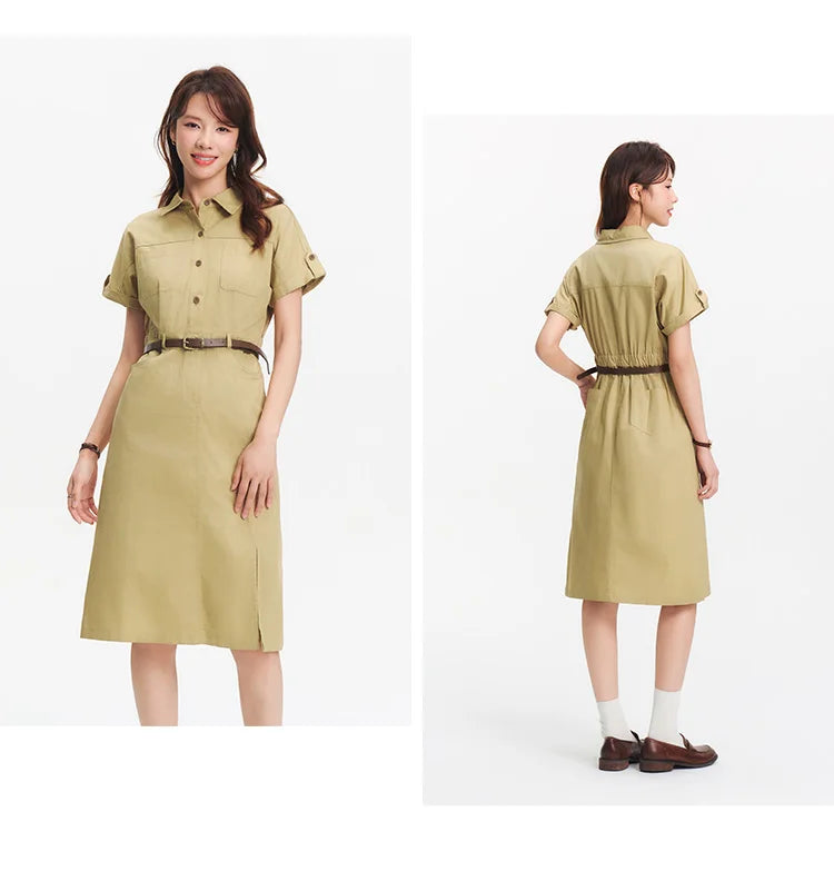 Semir Women Dress Shirt Collar Cotton Slit Midi Belt Slim Vintage Urban Workwear 2026 Summer Fashion Office Top