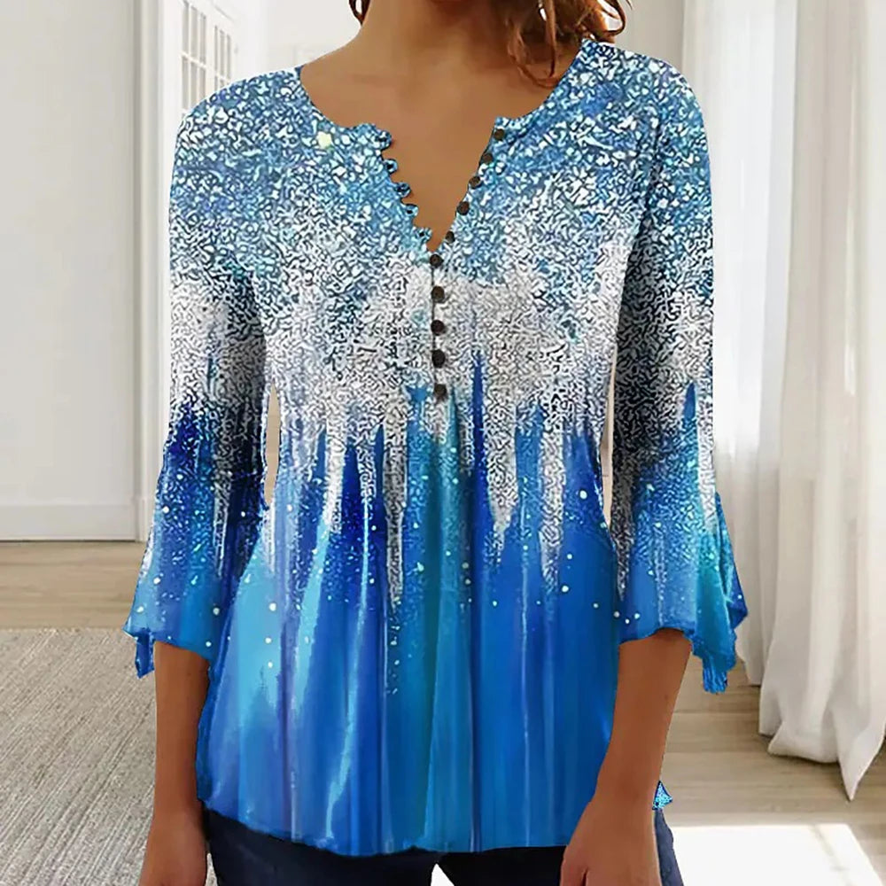 Women's V-Neck Short Sleeve Summer New Button T-Shirt Street Trend Flower Print Women's Loose Casual V-Neck Button T-Shirt