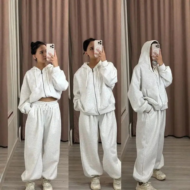Women's Sports Suit Hooded Sweatshirt Tie Up Pants Two Piece Set Street Style Long Sleeve Solid Color Spring Fashion Outfit