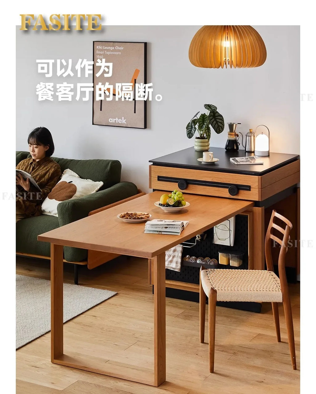 Solid wood island table retractable small apartment open integrated bar cabinet rock locker