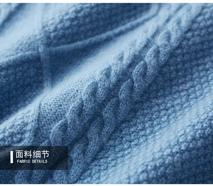 2025 Winter Turtleneck 100% Merino Wool Knitted Sweater Men's Lapel Jacquard Thicken Pullovers Fashion Loose High-End Base Shirt