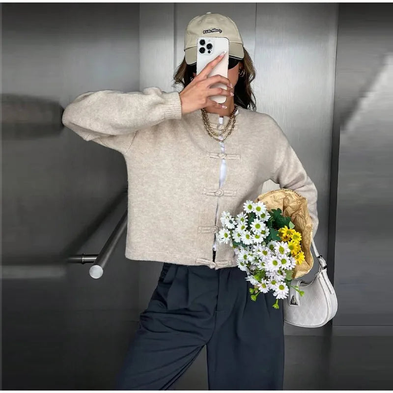 Elegant Knitted Print Women's Cardigan Loose Full Sleeve Stand Collar Zipper Sweaters Female 2026 Autumn Outwear Pockets Lady