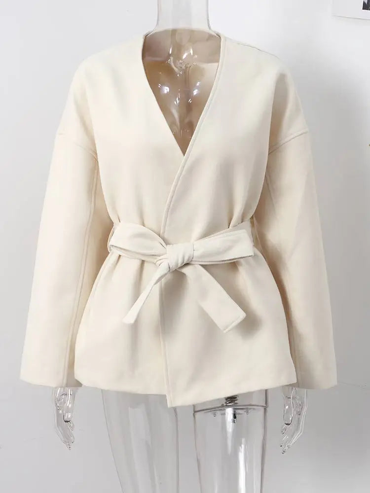 Collarless Belt Jacket Coat Lace-up Minimalism Beige Gentle Short Woolen Overcoat Waist Cinching Women Autumn Winter Overcoat