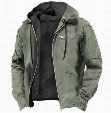 European and American Men's Autumn and Winter Casual Hooded Zipper and Fleece Warm Jacket With Multiple Pockets Outdoor Jacket