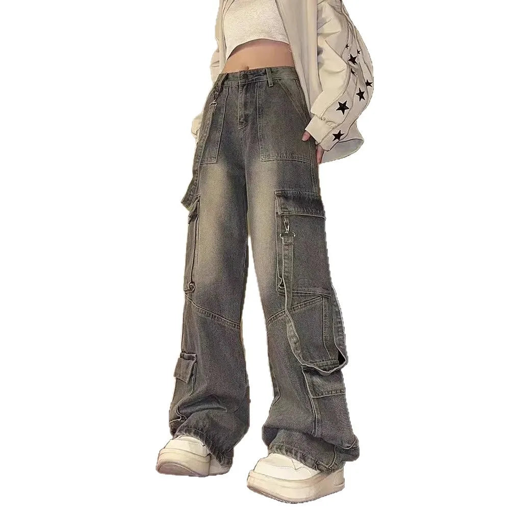 American Vintage Washed Multi-Pocket Cargo Jeans for Women High Waist Streetwear Loose Wide Leg Trendy Designer Denim Trousers