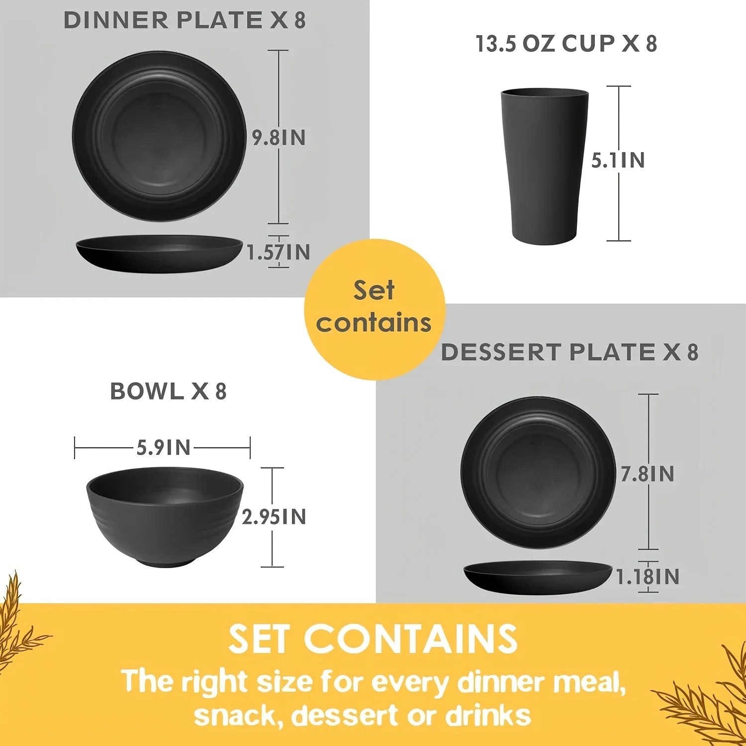 16Kitchen Set Made from Plastic Wheat Straw, Suitable for 4/8 People, Includes Plates, Dessert Plates, Cereal Bowls,