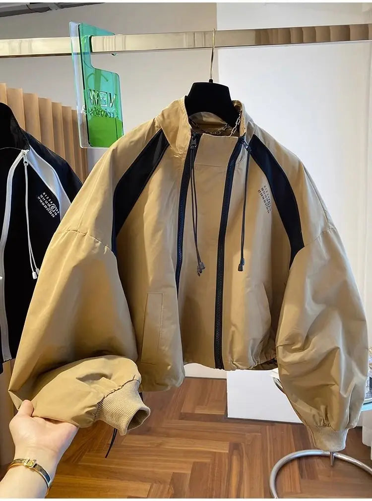 Color-Blocked Loose Casual Stand Up Collar Trench Coat Women's Spring Autumn Patchwork Short Jacket Double Zipper Outwear
