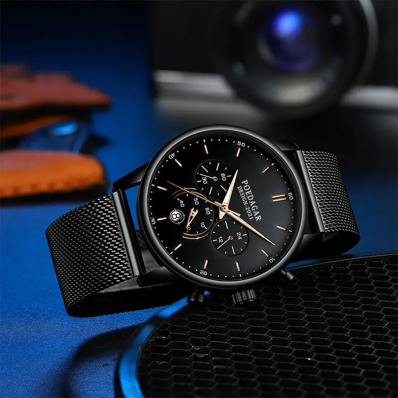 POEDAGAR Men Watch Fashion Chronograph Slim Stainless Steel Mesh Quartz Men's Wristwatch Waterproof Luminous Date Sport Watch
