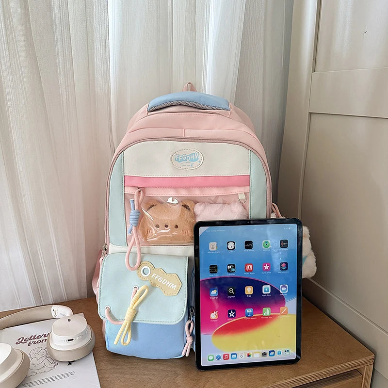 Women's Pastel Color Block Backpack Clear Display Pockets Plush Charm Bow Detail Adjustable Strap Casual Daily Itabag School Bag