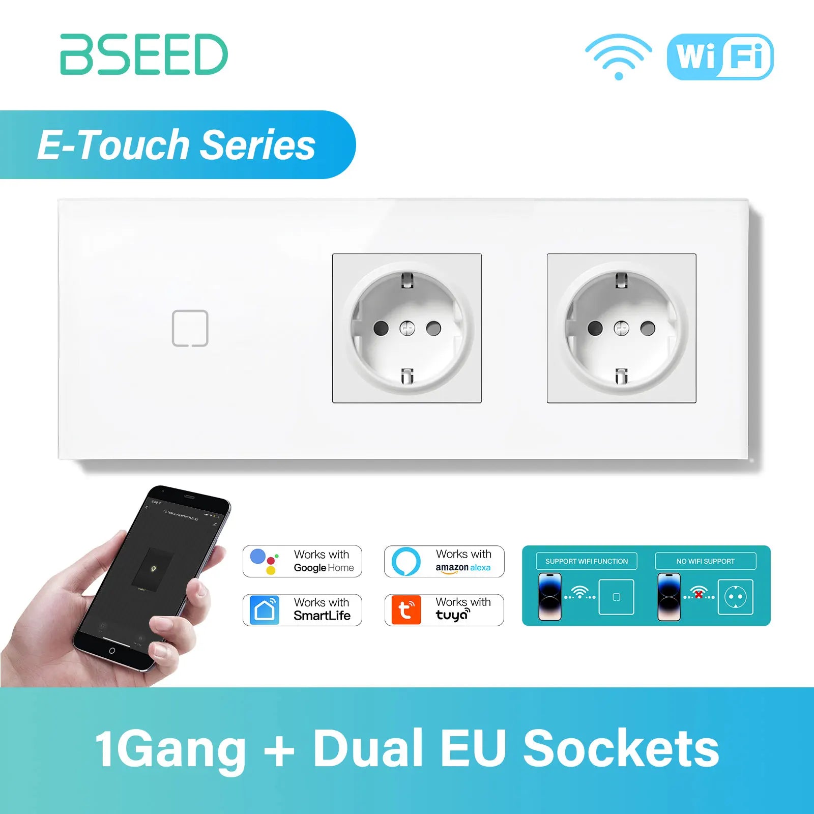 BSEED 1/2/3/4Gang WIFI Touch Switch Glass Panel Smart Wall Light Switch Touch Screen Phone Fast Charge USB C Socket E Series