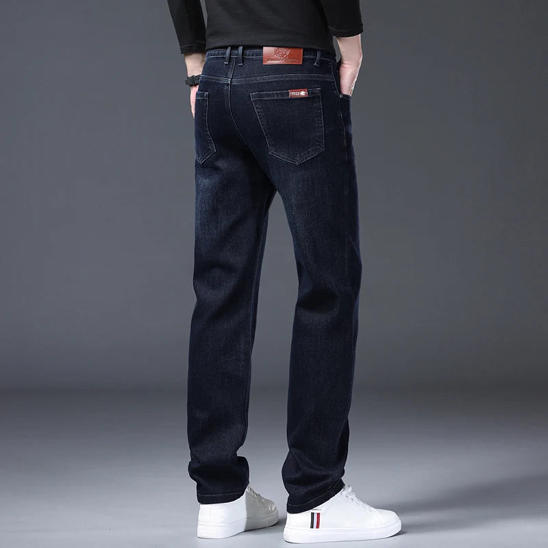 Classic Straight Men's Jeans Spring Slightly Thick Elastic Casual Office Business Trousers Fashion Comfort Washed Denim Pants