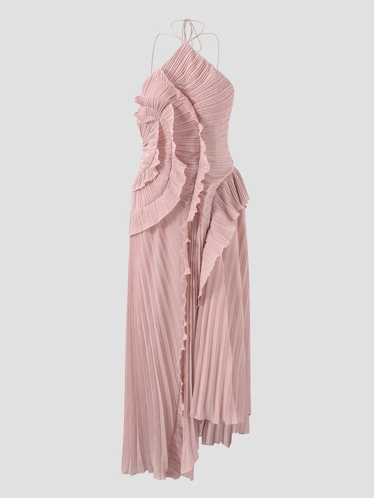 Bohemian Blue Pleated Halter Maxi Dress Women Gentle Sleeveless Asymmetric Ruffles Vestido Romantic Dinner Date Night Gowns 2026