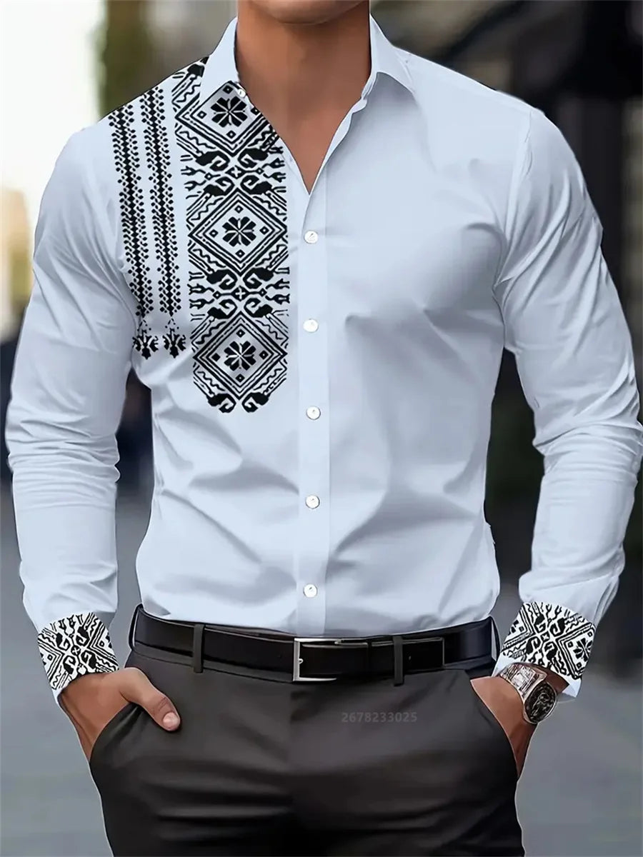 Men's shirt 3D printing retro ethnic style long-sleeved casual shirt high quality fashion lapel versatile top xs-6XL size