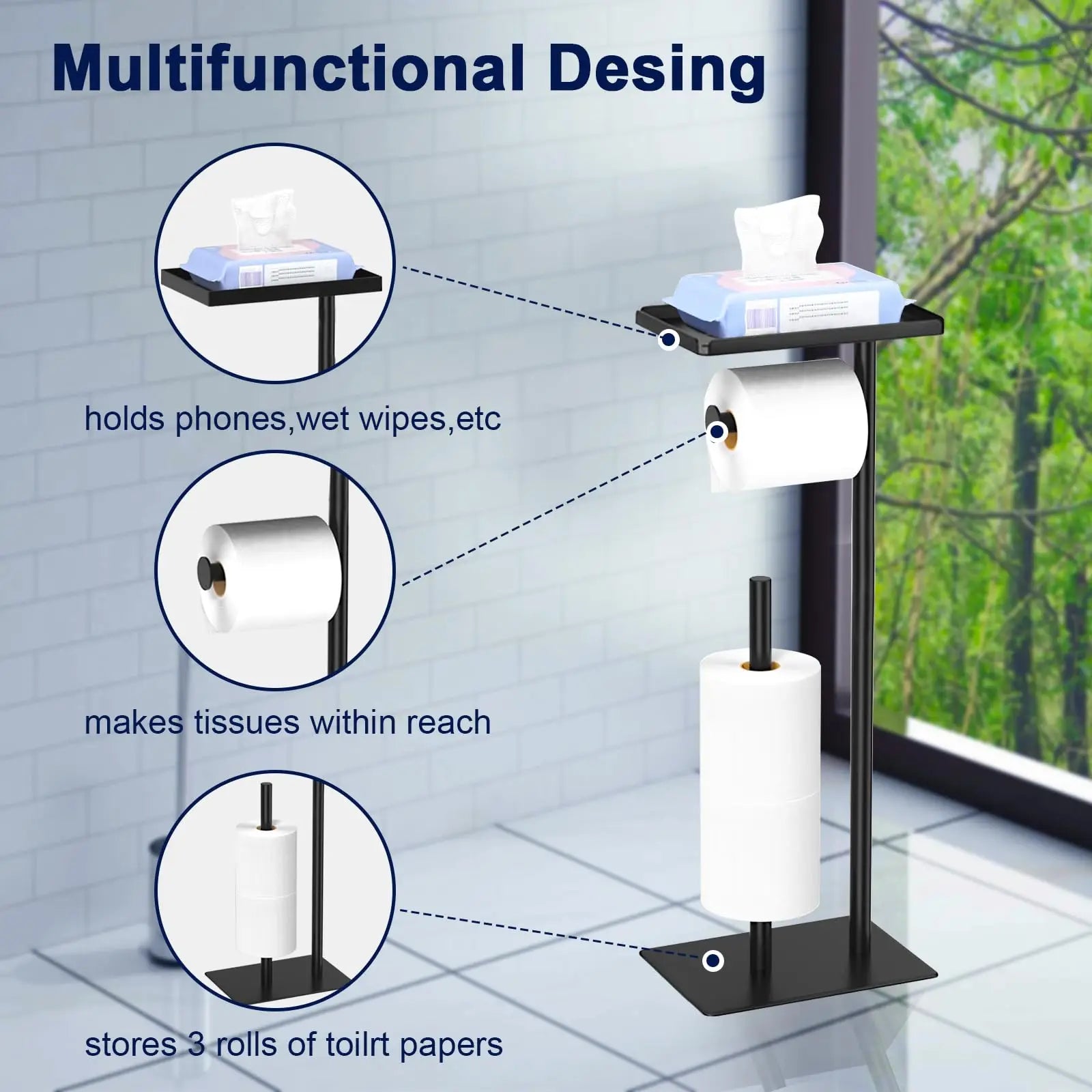 Stainless Steel Standing Toilet Set, Toilet Paper Holder with Toilet Brush for Bathroom Storage