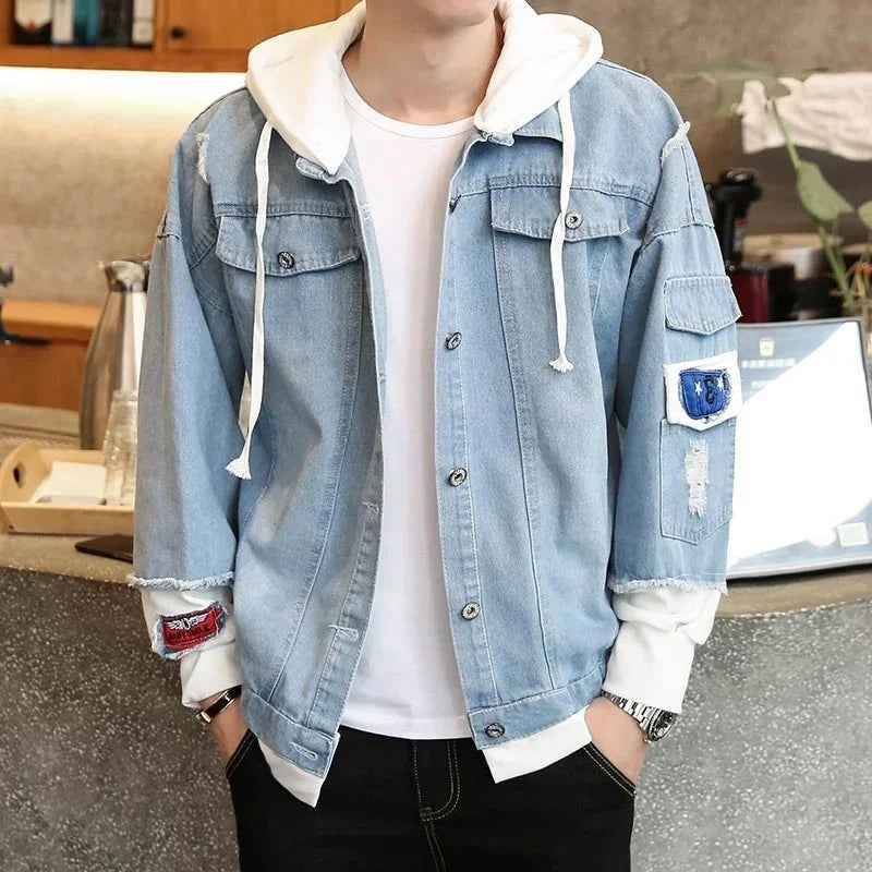 Customizable Men Denim Jacket Streetwear Hip Hop Men's Hooded Jean Jackets Male Casual Loose Outerwear Fashion Slim Fit Coat