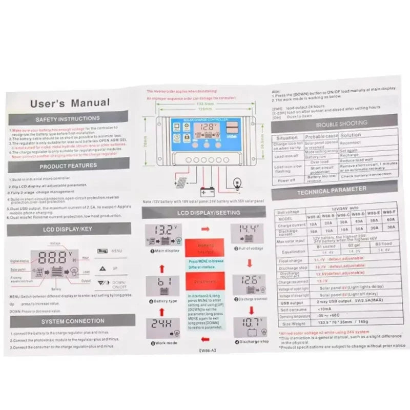 Solar Charge Controller, Photovoltaic Panel PV Regulator, Load Discharger, Auto LCD, Dual USB, 5V Output, 12V, 24V, 30A, 10A
