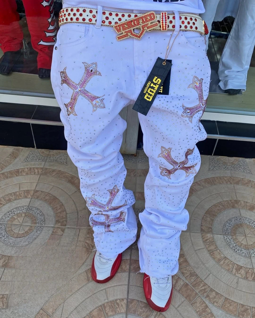 Mens Unisex White Rhinestone Studded Cross Design Skinny Flared Jeans Hip Hop Streetwear Y2K Vintage High Waist Denim Pants