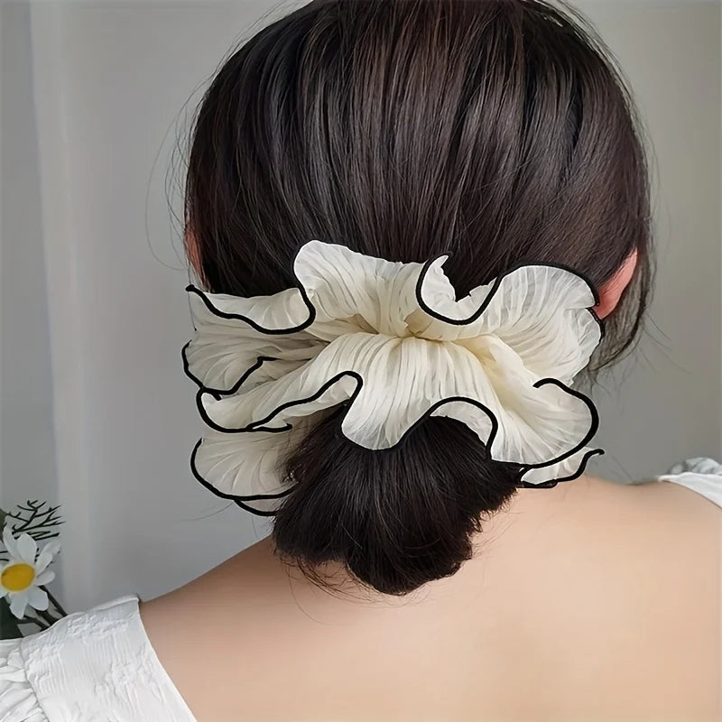 Elegant Tassel Design Fabric Hair Ties - Solid Color Chiffon Scrunchies, Pleated Hair Bands for Women'S Bun