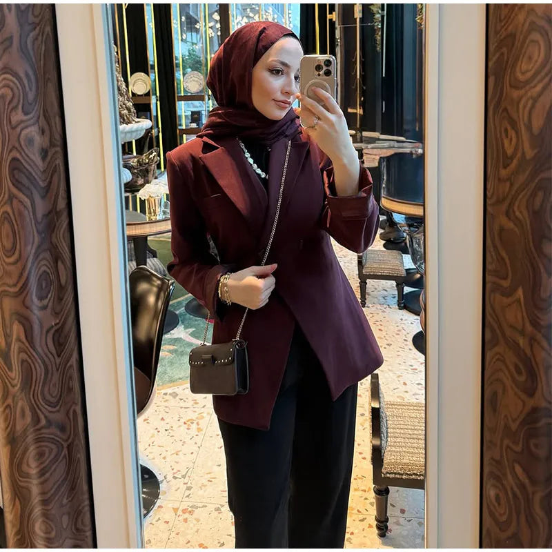 Fashion Wine Red Women Blazer Set Casual Long Sleeve Single Breasted Lapel Female Suit 2025 Spring Streetwear Lady Suits