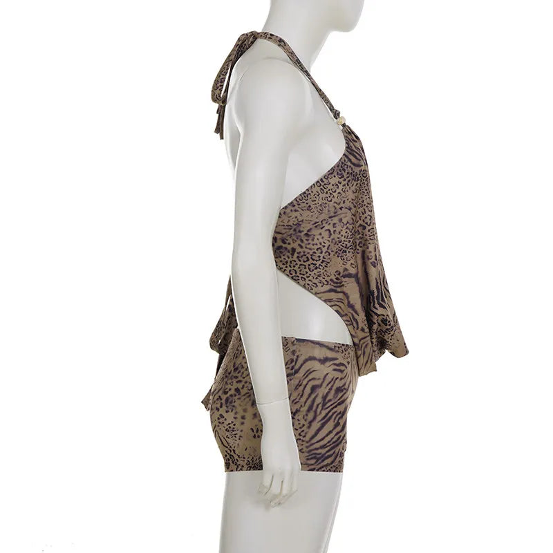 Women's Brown Sexy Vintage Fashion Off-shoulder Deep V Leopard Print Set Halter Cami + Low Waist Shorts Two-piece Outfit Summer