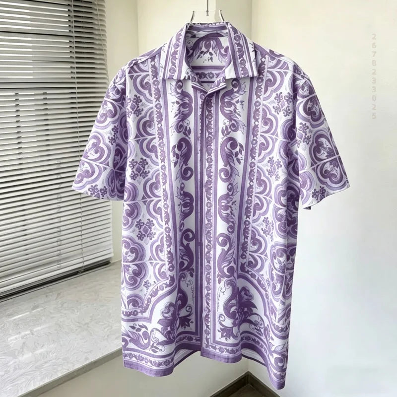 Men's shirts, summer Baroque printed shirts, loose oversized retro short sleeved shirts, vacation style versatile men's tops