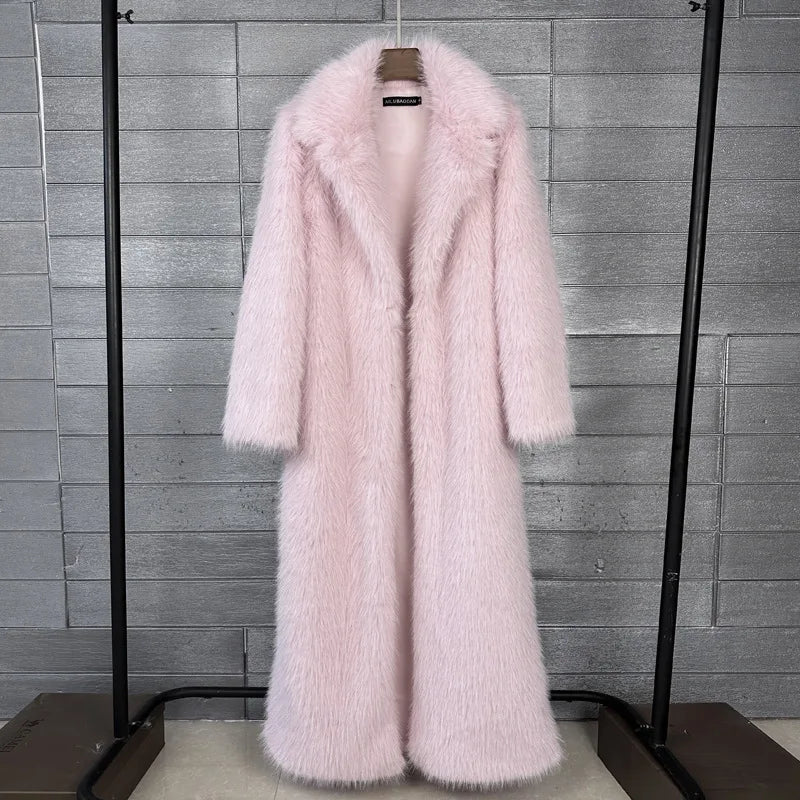 Long Faux Fur Coat Women Autumn Winter Large Jacket Overcoat White Turn Down Collar Pockets Thick Coat Warm Jackets Maxi Coats