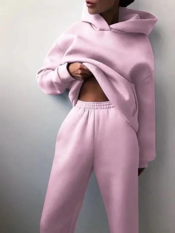 Two Piece Pant Sets Women Solid Thick Sweatshirts Hooded Full Sleeve Elastic Waist Spliced Long Pants Pockets Casual Suits