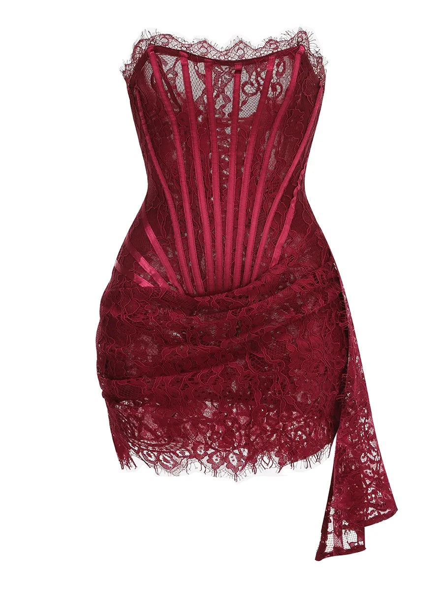 Women's Sexy Lace Dress Solid Color Sheer Patchwork High Waist Lace Dress Elegant Printed Strapless Slim Evening Dress