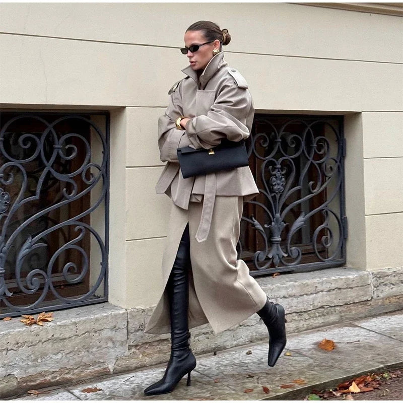 Khaki Lace Up Cape Trench Coat Loose Solid Full Sleeve Lapel Windbreaker 2026 Autumn New Fashion Commute Casual Daily Coats