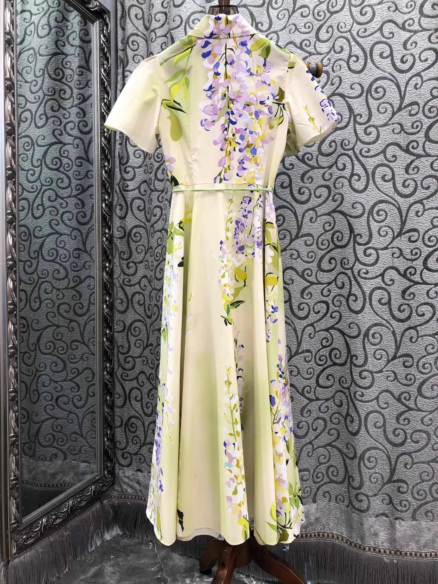 100%Cotton Long Dress 2026 Spring Summer Women Turn-down Collar Sweet Floral Print Belt Deco Short Sleeve Long Maxi Dress Luxury
