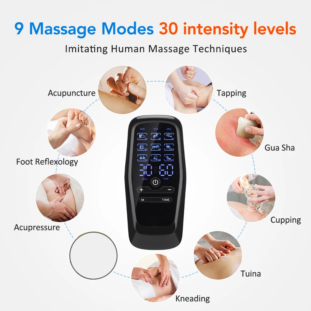 EMS TENS Muscle Stimulator Electric Massager for Full Body 9 Modes 30 Intensity Levels Dual Output Massaging Device Rechargable
