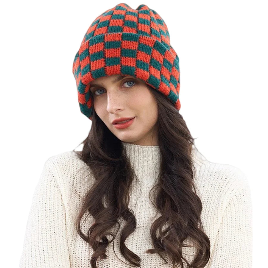 Luxury Brand Chessboard Plaid Knitted Hat Women Winter New Big Size Hat Warm Beanies Skullies Green Red Xmas Christmas Hat