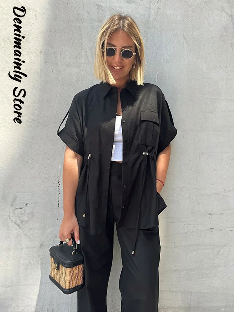 Casual Drawstring Shirt Pants Set Women Lapel Button Short Sleeve Pocket Loose Top Wide Leg Pants 2025 Chic Summer Women's Suit