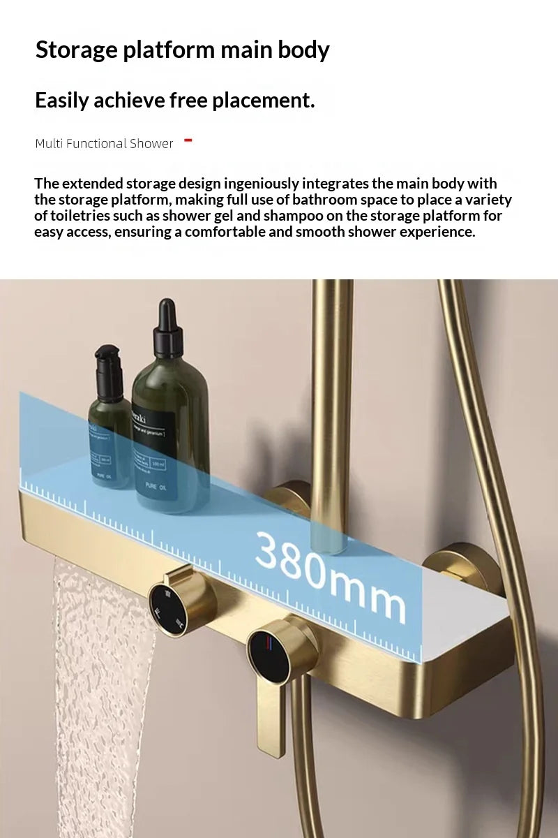 Premium All Copper Shower Set with Heated Waterway Shelf Dual Valves Hot Cold Multi Function High Pressure Shower Head Shower
