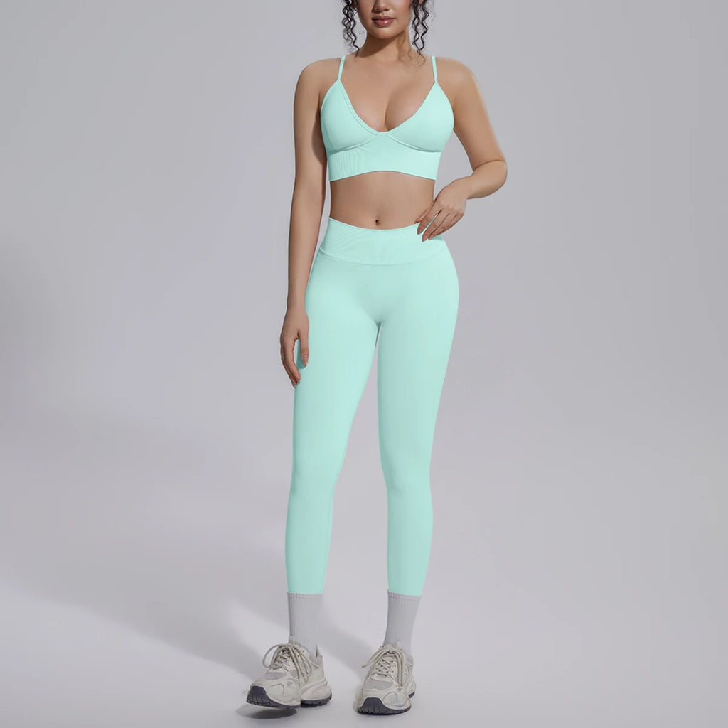 2PCS Woman Yoga Set Shockproof Workout Top Sexy Yoga Bra with Chest Pad High Stretch Seamless Fitness Pants Gym Yoga Set