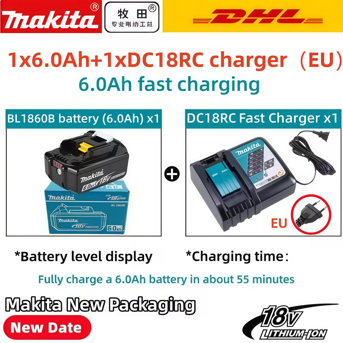 100% Original Makita Battery, 18V 6.0Ah Rechargeable Battery, Replacing Makita BL1830B L1840B L1850B L1860B, Power Tool Battery
