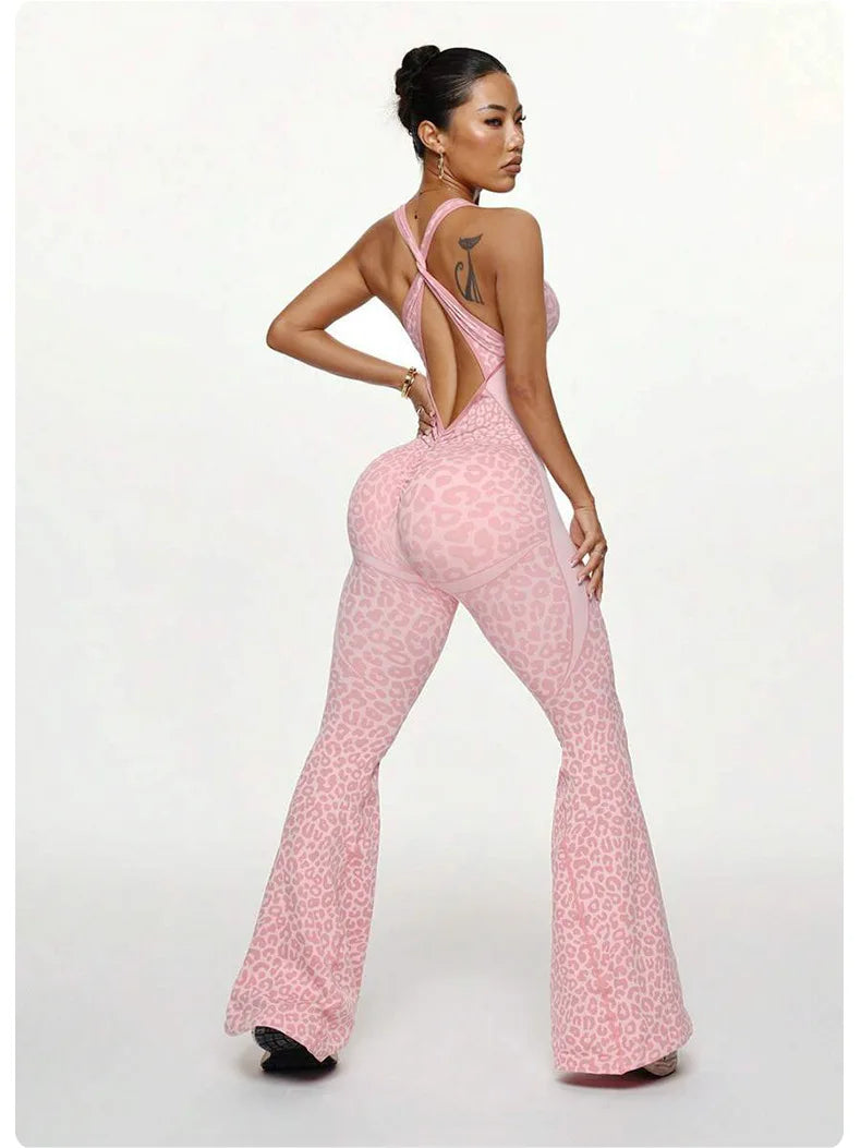 Seamless Leopard Yoga Jumpsuit with Pads Sport Clothes Bodysuit Sleeeless One-Piece Workout Clothes Gym Leggings Sportswear