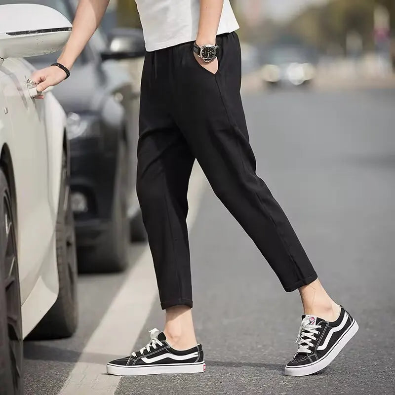 2025 Spring/Summer Men's Elastic Slimming Straight Leg Casual Pants Fashion Breathable Grid Design Sports Pants