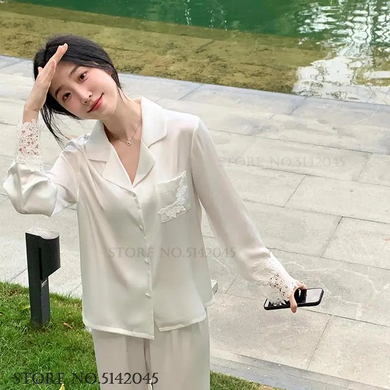 Luxury Women Pajamas Set Night Wear Elegant White Silk Satin Lace Sleepwear Trouser Suit Home Clothes Loose Casual Loungewear