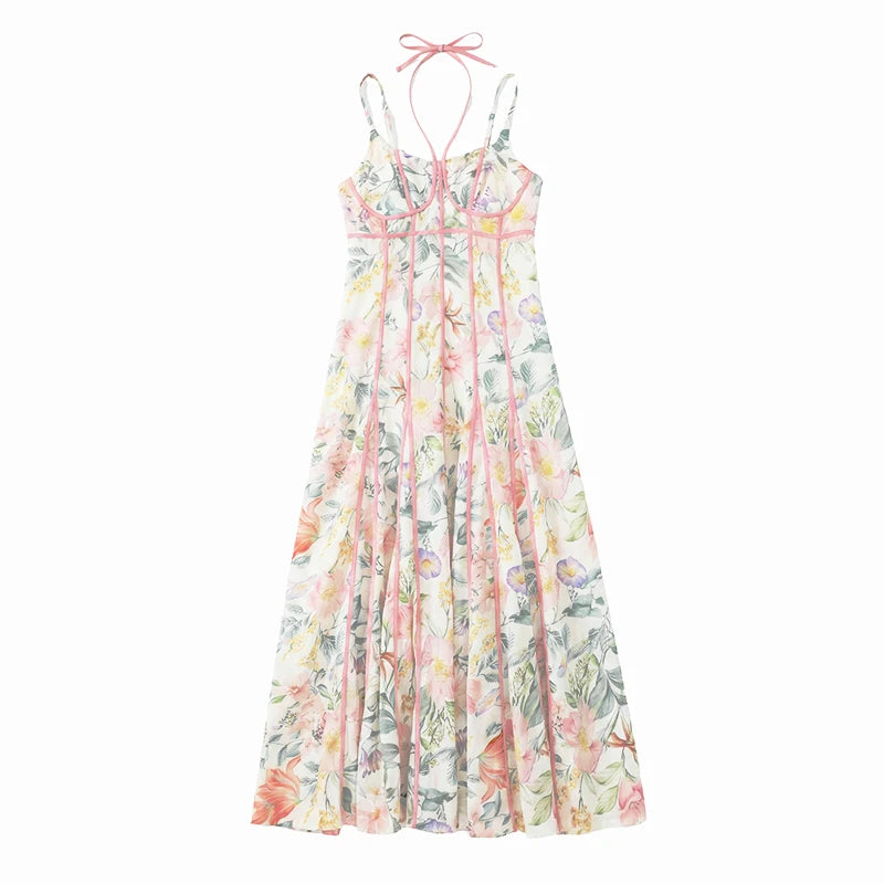 Elegant Floral Print Halter Dress Women Sleeveless Waist-closed A-line Dresses 2026 Spring Summer Fashion Female Vacation Robe