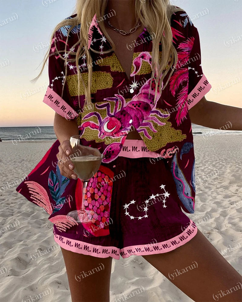 Summer Fashion Print Beach Holiday 2-Piece Set Women Short Sleeve Shirt Top + Wide Legs Short Women's Oversized Two-Piece Outfit