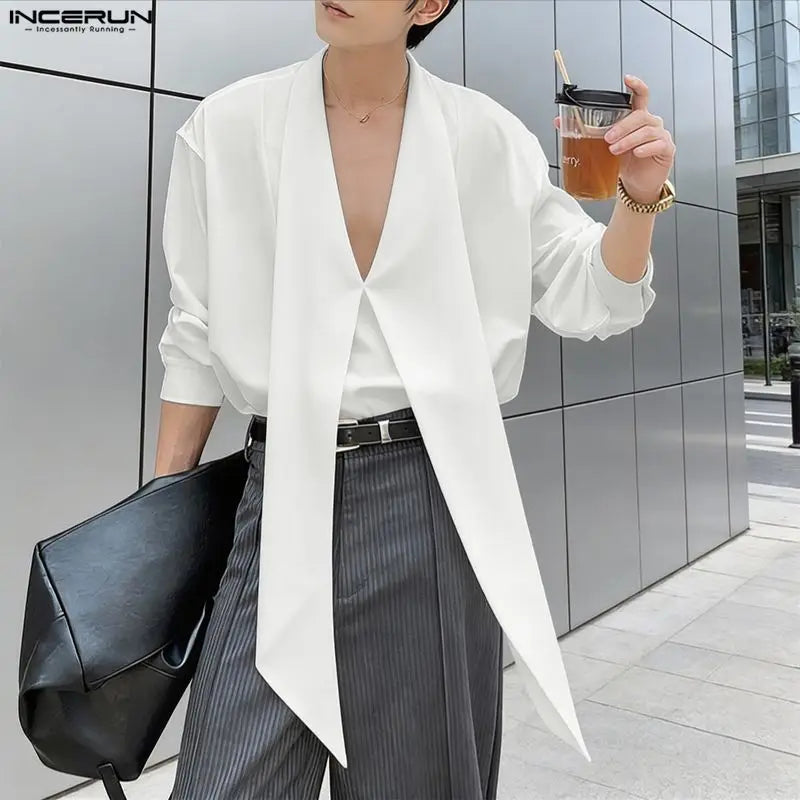 INCERUN Men's Shirt Solid Color Deep V Neck Long Sleeve Men's Clothes Tops With Belt Streetwear 2026 Fashion Camisas Masculina