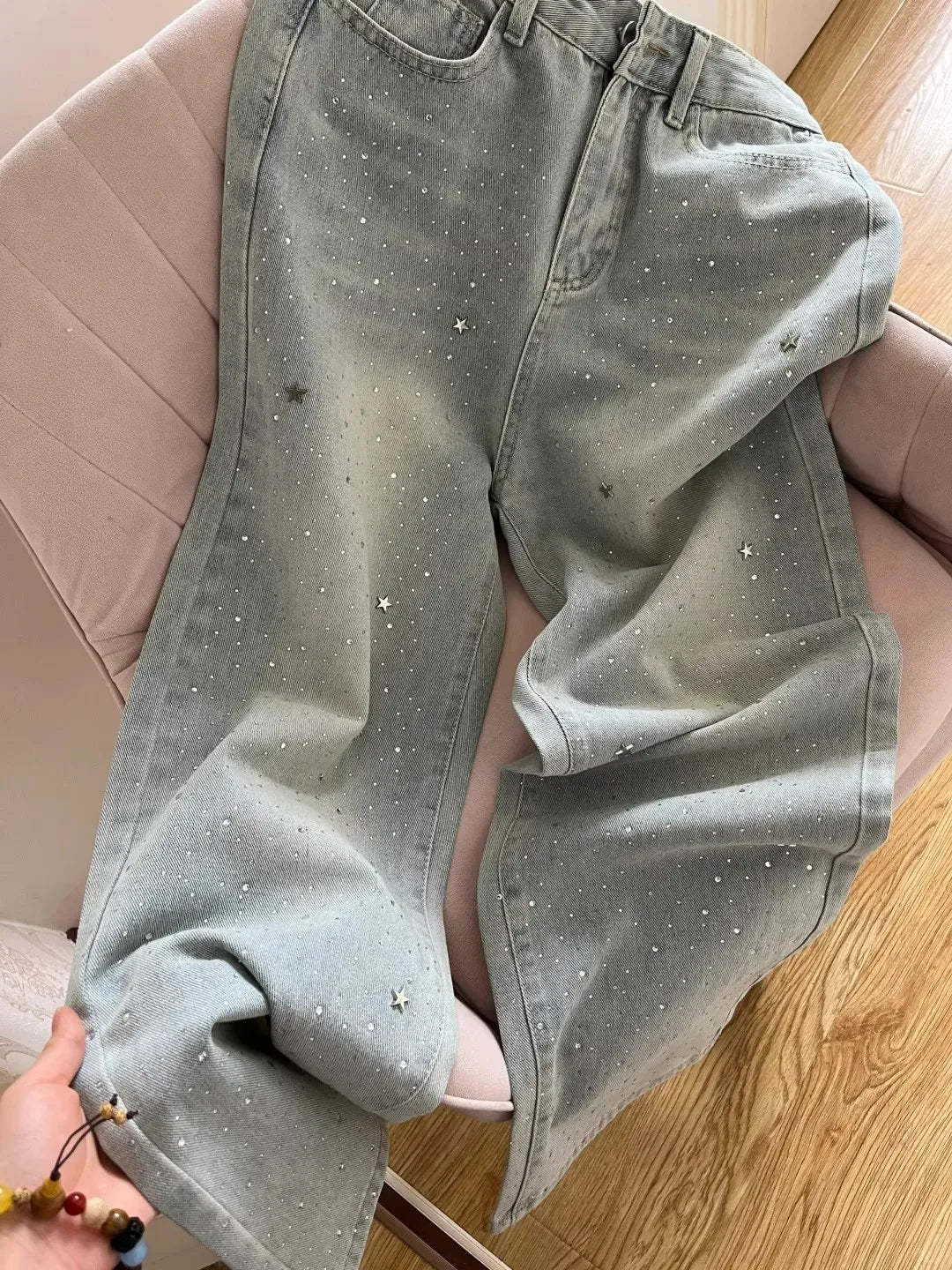 Four Seasons New Fashion Women's Light Blue Wide Leg High Waist Loose Casual Trendy Jeans Female Diamond Studded Denim Trousers