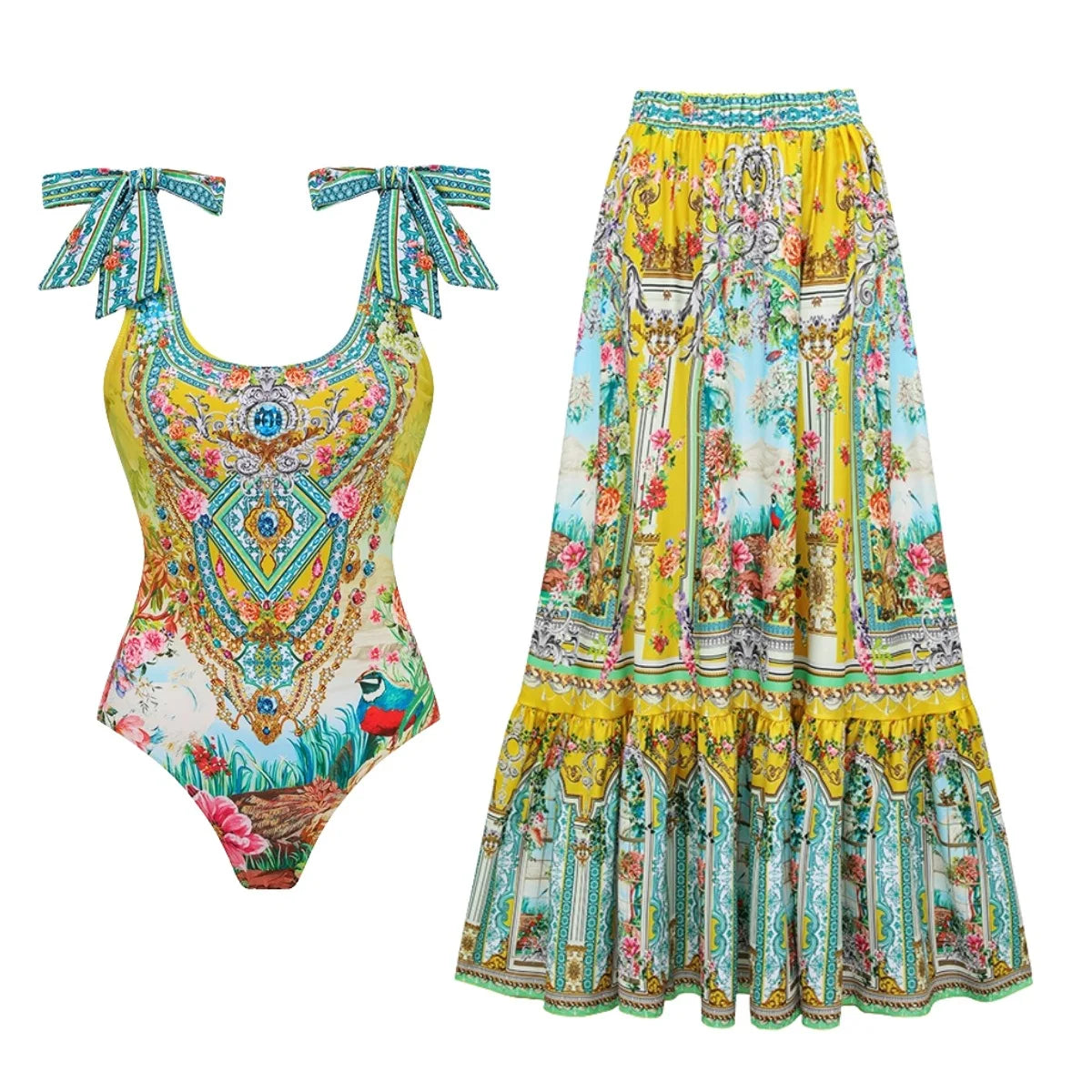 Retro Bikini Printed Fashion Two Piece Swimsuit And Cover Up With Skirt Tight Women's Bandage Summer Beach Luxury Elegant